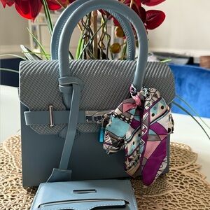 Chic Blue Satchel with Patterned Scarf